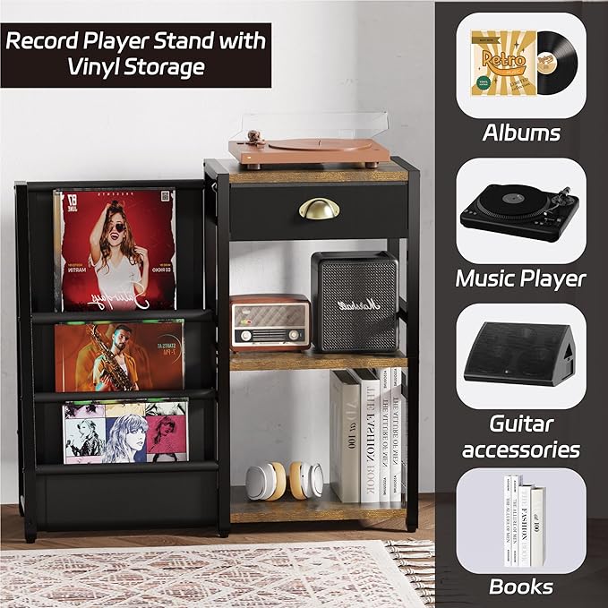 End Table with Vinyl Record Storage, Record Player Stand, 3 Tier Turntable - Image 6