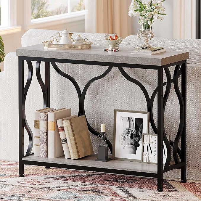 IBF Entryway Table with Storage, Modern Wood Metal Console Sofa Table Behind by IBF