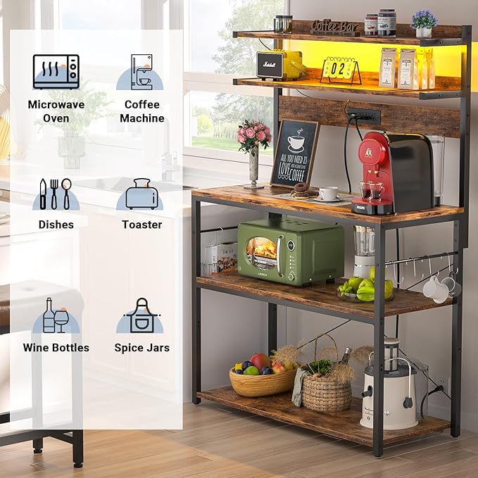 Aheaplus Bakers Rack with Power Outlet, Microwave Stand, 5 Tiers Coffee Bar - Image 5