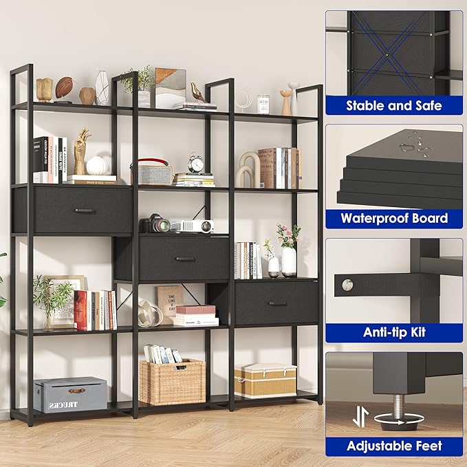 73.6" Tall Bookshelf with 3 Drawers and 16 Storage Shelves, Industrial Bookcase - Image 7