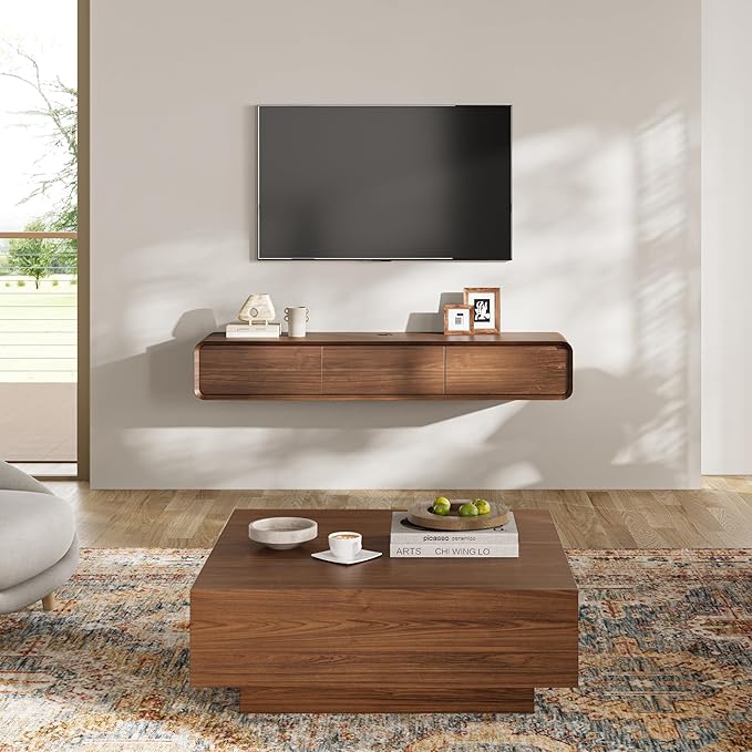 POVISON Fully Assembled Floating TV Stand, Walnut TV Stand, Solid Wood Floating - Image 3
