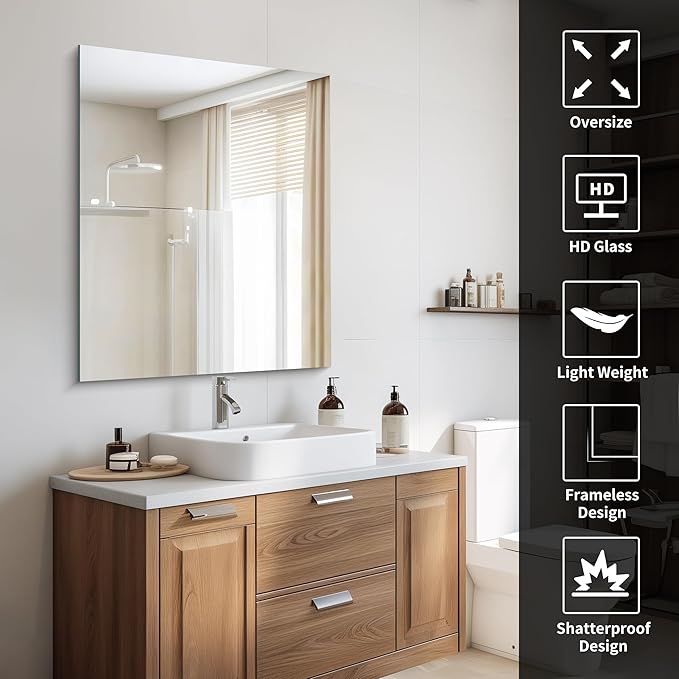 Frameless Mirror, 30x36 inch Rectangle Bathroom Mirror - Image 3