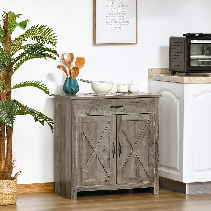 HOMCOM Farmhouse Sideboard Buffet Cabinet, Barn Door Coffee Bar Cabinet - Image 2