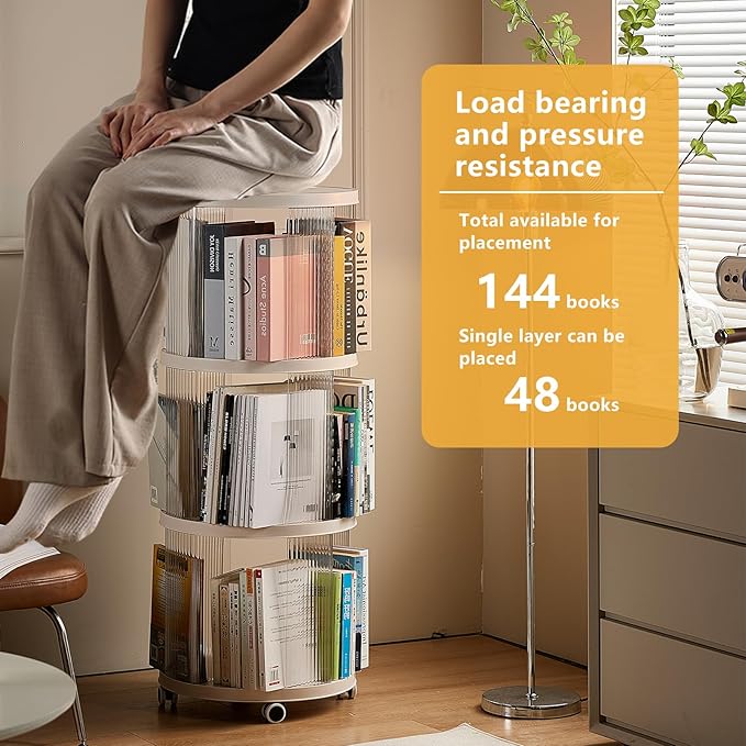 Rotating Bookshelf, 360°Display Spinning Rolling Bookshelf Tower, 3 Tiers - Image 4