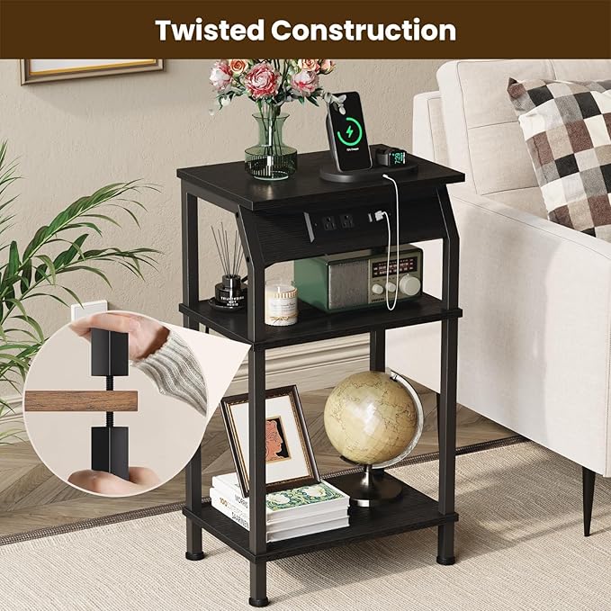 Tall End Table with Storage, 3-Tier Small Bedside Table with Charging Station - Image 6