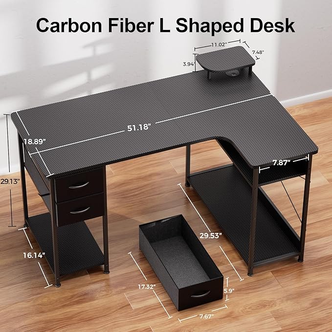 GTPLAYER L Shaped Desk with Drawers, Carbon Fiber Style Computer Desk with - Image 3