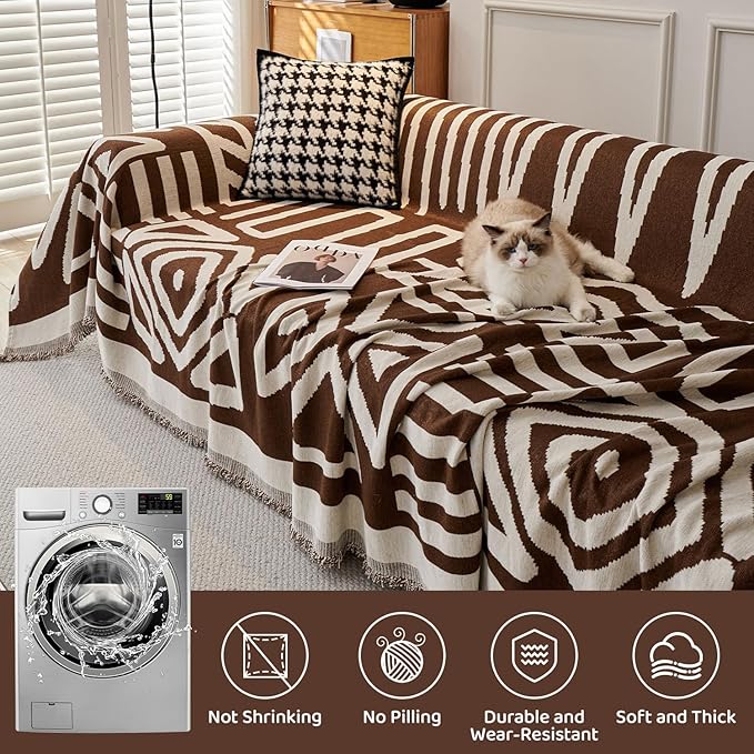 STACYPIK Boho Chocolate Beige Sofa Cover Anti-Slip Reversible Couch Cover - Image 5