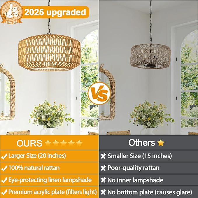 Farmhouse Chandelier Light Fixture, 5-Light Rattan Boho Chandeliers - Image 2