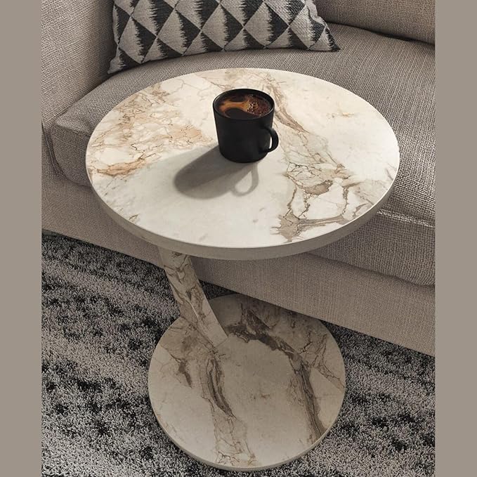 C Shaped End Table for Couch Small Places, Faux Marble White Space Saver Round - Image 6