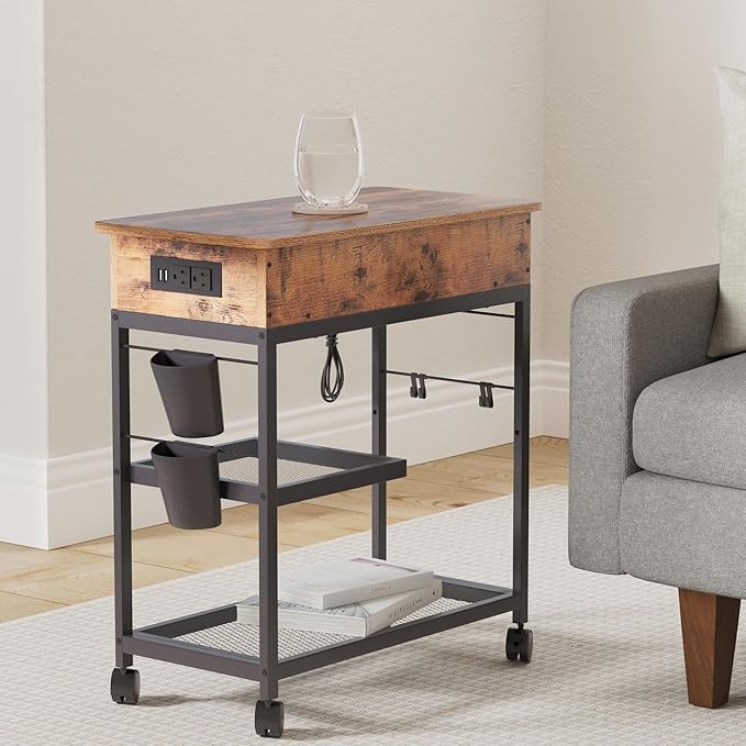 Colima Lift Top End Table with Charging Station and Wheels, Sofa Side Table - Image 2