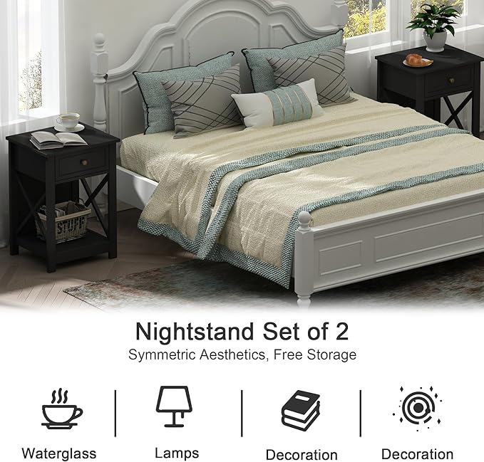 Treocho Black End Table Set of 2, Modern X-Design Night Stand, Bedside End Table - Image 4