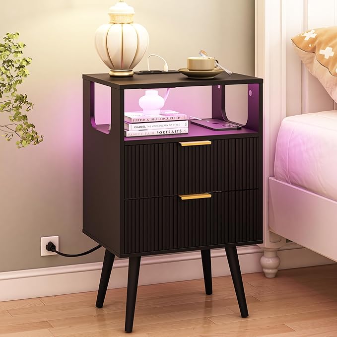 Black Nightstand with Charging Station and LED Lights, Modern Bedside Table by JOONEE
