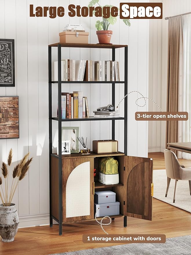 5 Tier Rattan Bookcase with Light 71" Tall Boho Bookshelf with Doors Large - Image 6