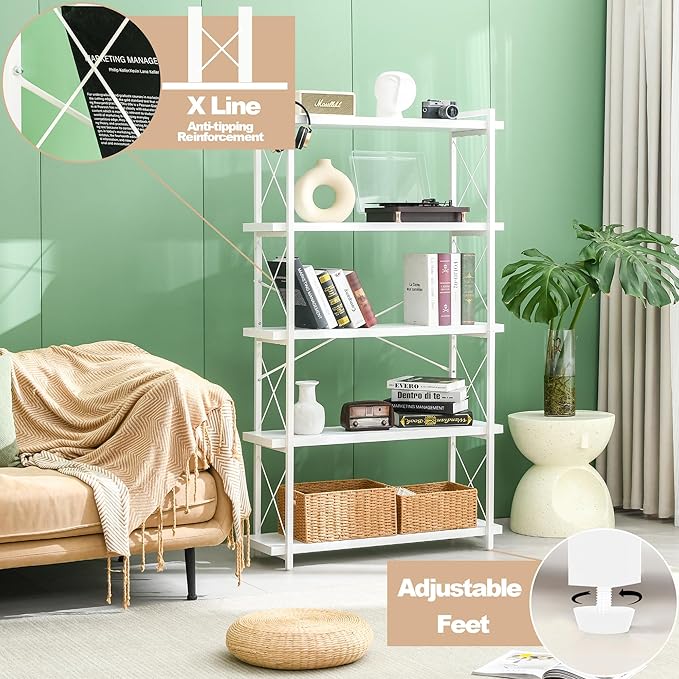 HCHQHS Bookshelf, 5-Tier Industrial Bookcase, Freestanding Tall Bookshelves - Image 6