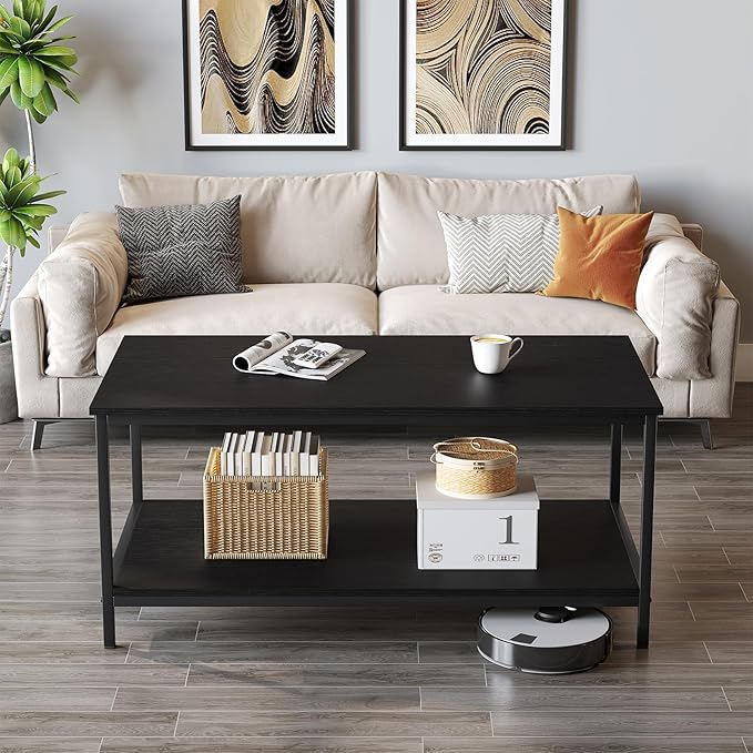 SAYGOER Black Coffee Table for Living Room Modern Rectangle 2-Tier Coffee Tables - Image 2