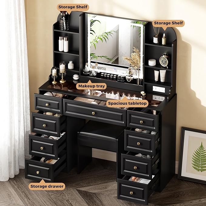43" Makeup Vanity Desk with Mirror and Lights, & Power Outl, Glass Top Big - Image 2