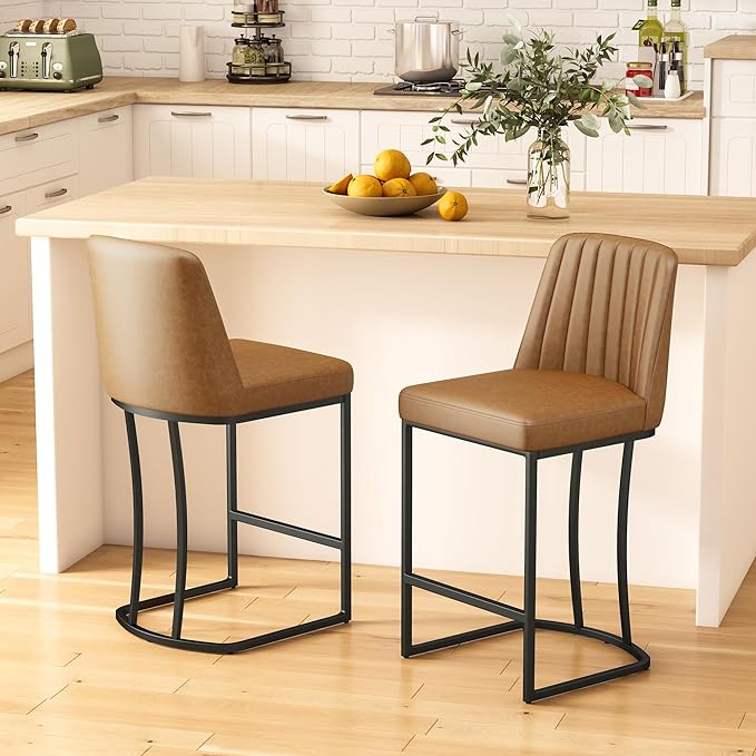 Counter Height Bar Stools Set of 2, Upholstered Leather Barrel Barstools by ErdoruLiving