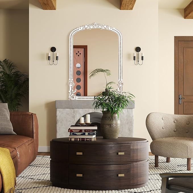 25x35 Inch Baroque Arched Wall Mirror Wooden, Rustic Farmhouse Decorative - Image 3