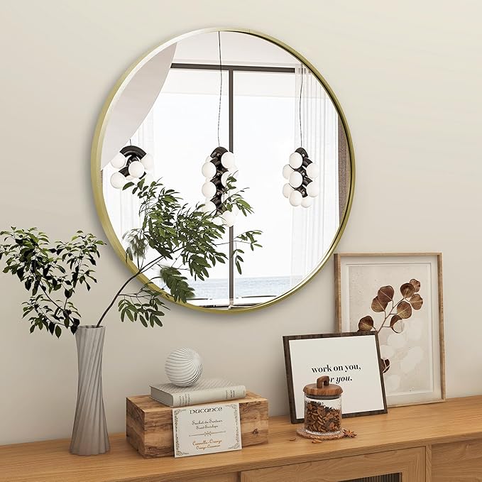 Gold Round Mirror 30 inch, Matte Gold Bathroom Mirror - Image 2