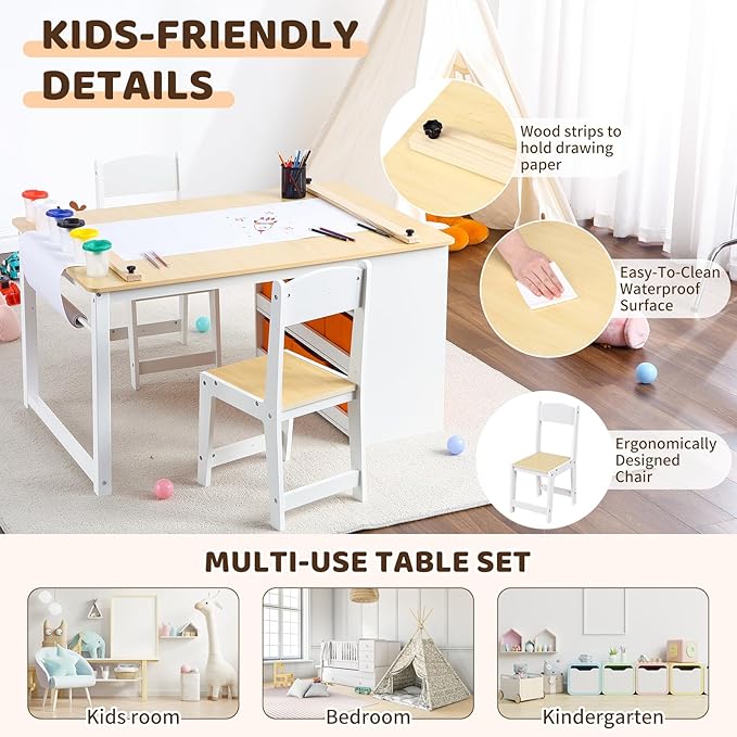 4 In 1 Kids Art Table and Chair Set, Toddler Craft Large Storage Desk - Image 4