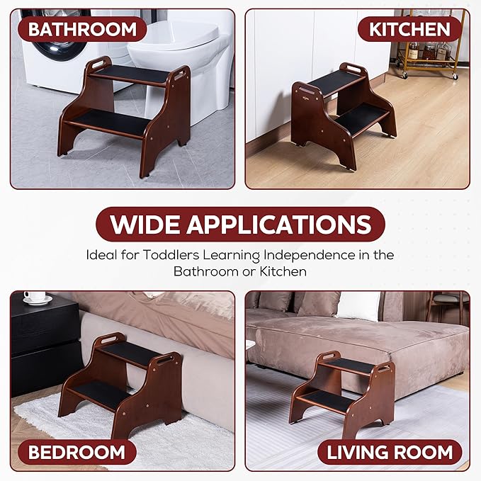 2-Step Wooden Step Stool for Adults & Kids – Non-Slip Bed, and Closet Use – - Image 4