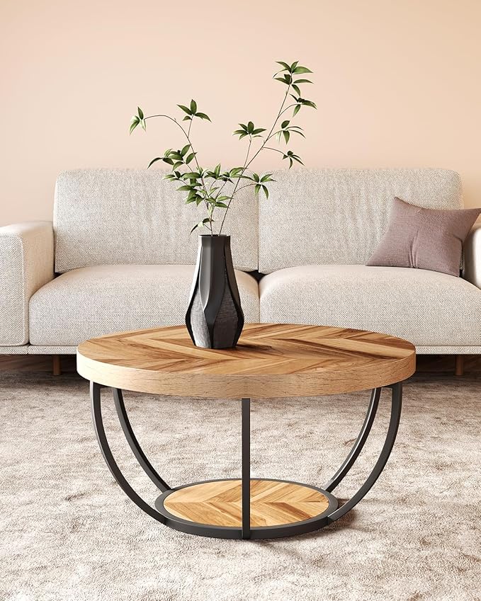 LITTLE TREE Round Coffee Table, 2-Tier Wood Accent Center Table - Image 8