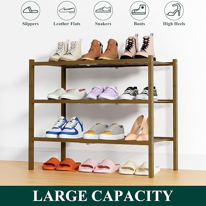Smiry Shoe Rack, 3 Tier Thick Bamboo Shoe Organizer, Stackable Free Standing - Image 6