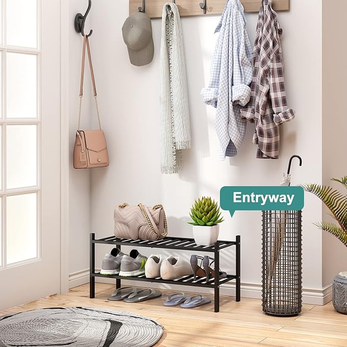 2-Tier Black Bamboo Shoe Rack for Entryway, Stackable | Foldable | Natural - Image 6
