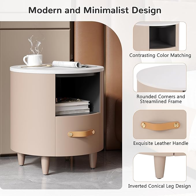 Merax Round Nightstand with Storage Drawer, MDF Contemporary Modern Bedside - Image 4