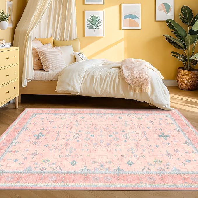 Pink and Blue Washable 5x8 Living Room Rugs, Boho Aethestic Oushak Vintage Area - Image 8