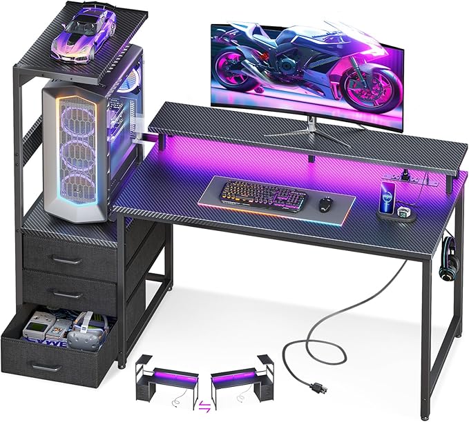 AODK 52 Inch Gaming Desk with USB Charging Ports & LED Light- Reversible by AODK