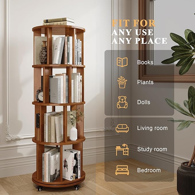 4-Tier Rotating Bookshelf, 360° Spinning Stackable Bookcase, Freestanding - Image 4