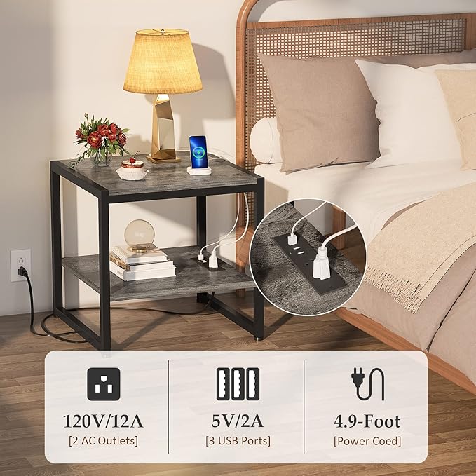 Homieasy End Table with Charging Station, 20 Inch Mini Fridge Stand with 2-Tier - Image 4