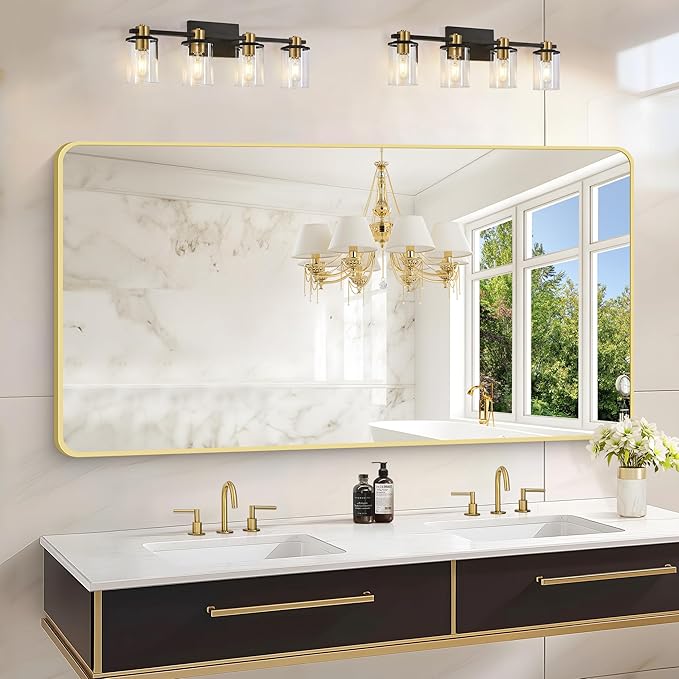 55x30 Inch Gold Bathroom Mirror, Metal Framed Gold Rectangle Mirrors, Rounded by WelcometoCIVENO
