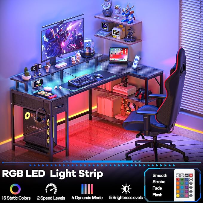 47 inch Gaming Desk with USB Charging Ports and LED Light, Reversible L Shaped - Image 4