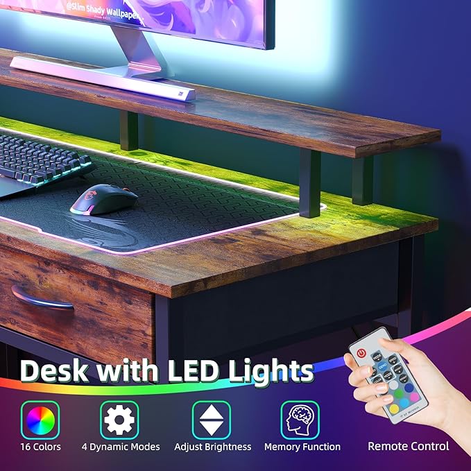 Computer Desk with 5 Drawers, Gaming Desk with LED Lights Power Outlets and - Image 6