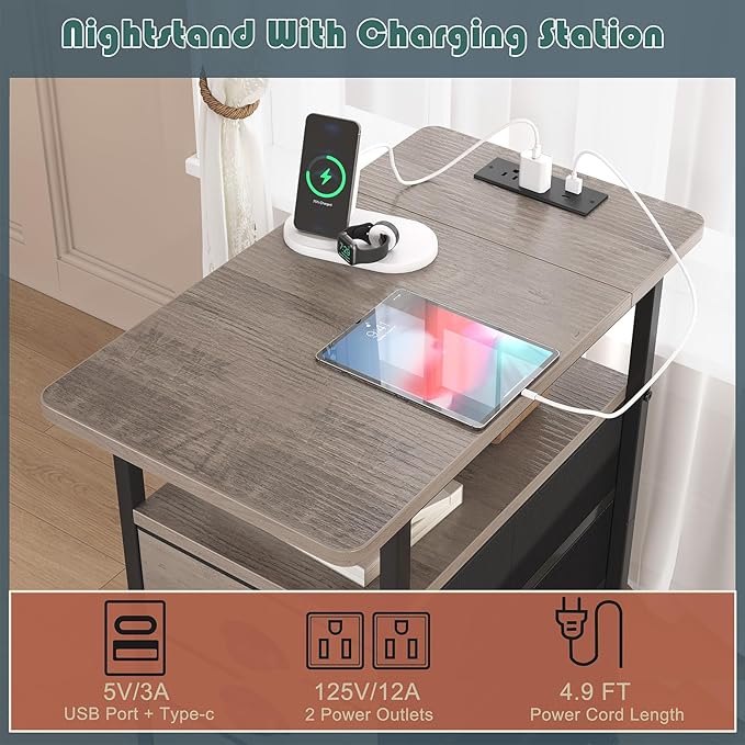 End Table with Charging Station, LED Side Tables with USB Ports and Outlets - Image 4