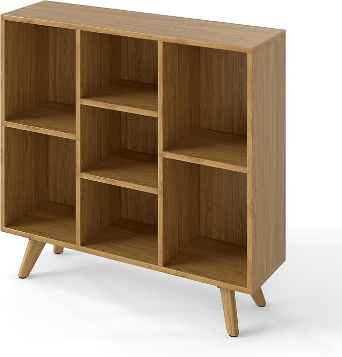 Manora Bookshelf with 7 Open Storage Cubes, Wooden Bookcase Organizer, Rustic by manora