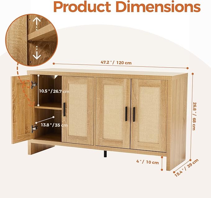 Rattan Buffet Cabinet with Storage, Sideboard Cabinet with Doors and Adjustable - Image 2
