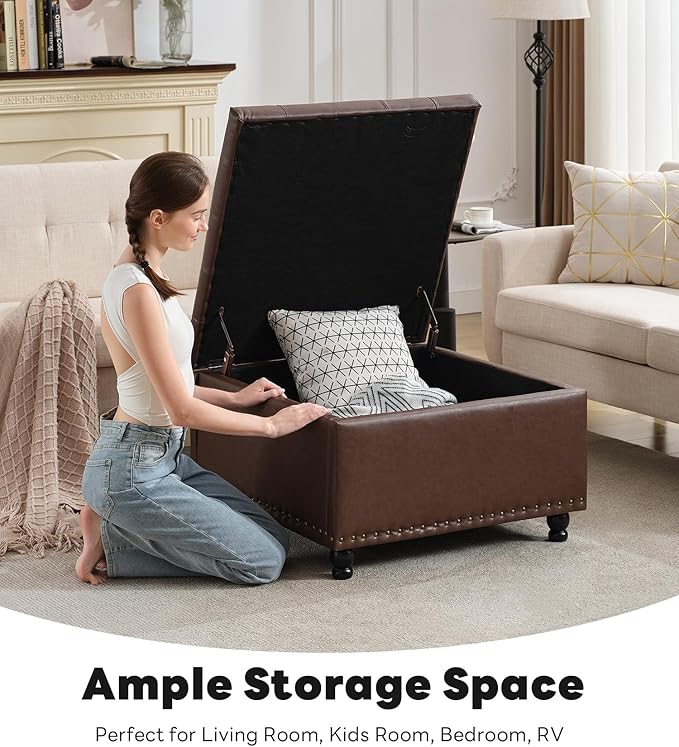 Tbfit Large Square Storage Ottoman Bench, Button Tufted Upholstered Coffee - Image 3