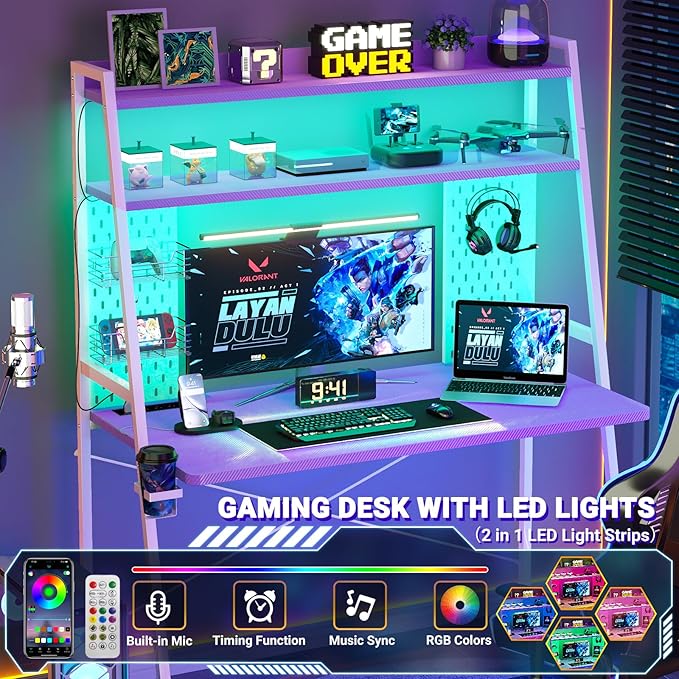 Gaming Desk with Hutch and LED Lights, Gaming Computer Desk with Power Outlets - Image 6