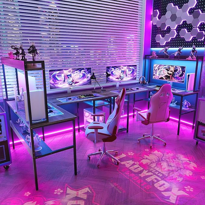 L Shaped Computer Desk with Hutch and Storage Shelves, Gaming Desk with LED - Image 7