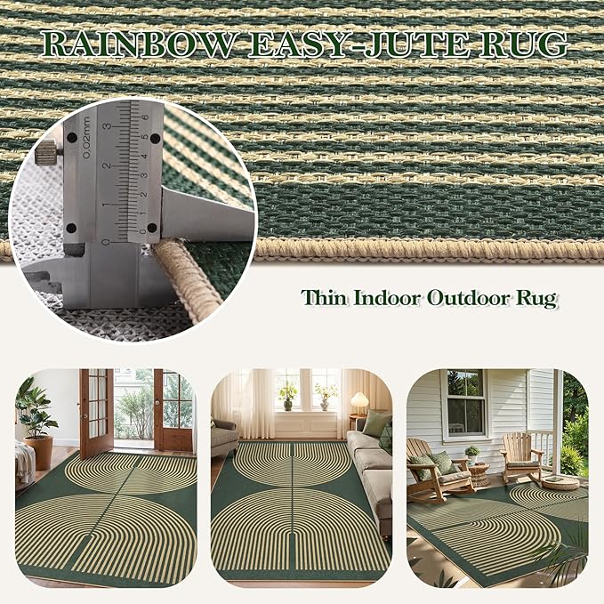 Lahome Modern Rainbow Easy Jute Indoor Outdoor Rugs, 5x7 Dark Green Rug - Image 3