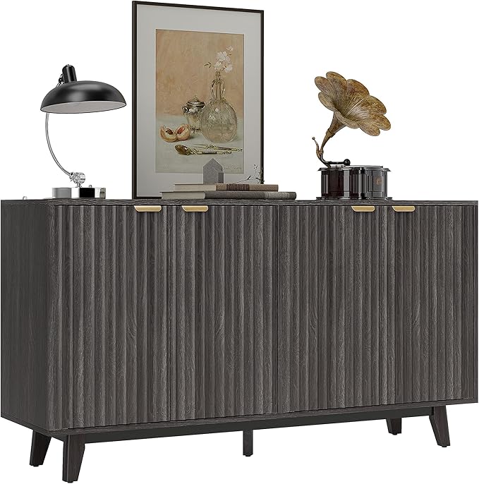 HOMCOM Fluted Sideboard Buffet Cabinet, 2 Adjustable Shelves and 5 Wood Legs by HOMCOM