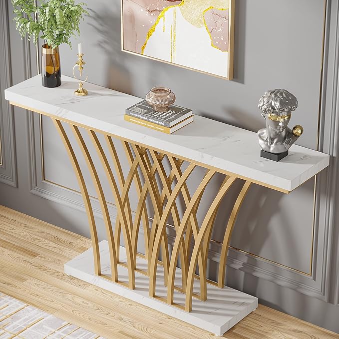 LITTLE TREE Narrow Entryway Console Table, Faux Marble White+Gold - Image 5