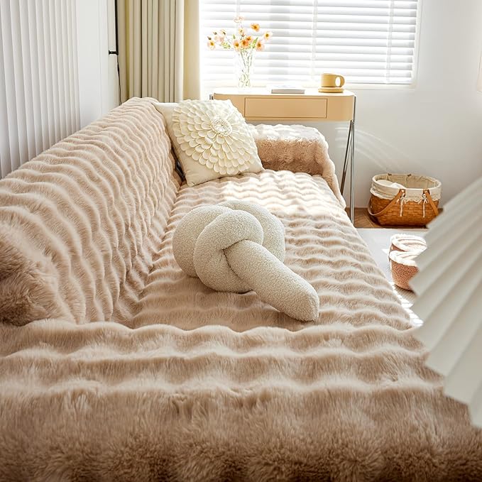 Thick Faux Rabbit Fur Couch Cover 1-Piece Non-Slip Warm Soft Cozy Sofa Covers - Image 7