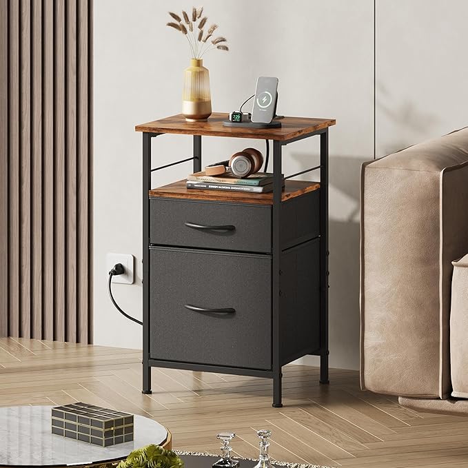 WLIVE Nightstand with Charging Station, Night Stand with 2 Fabric Drawers - Image 7