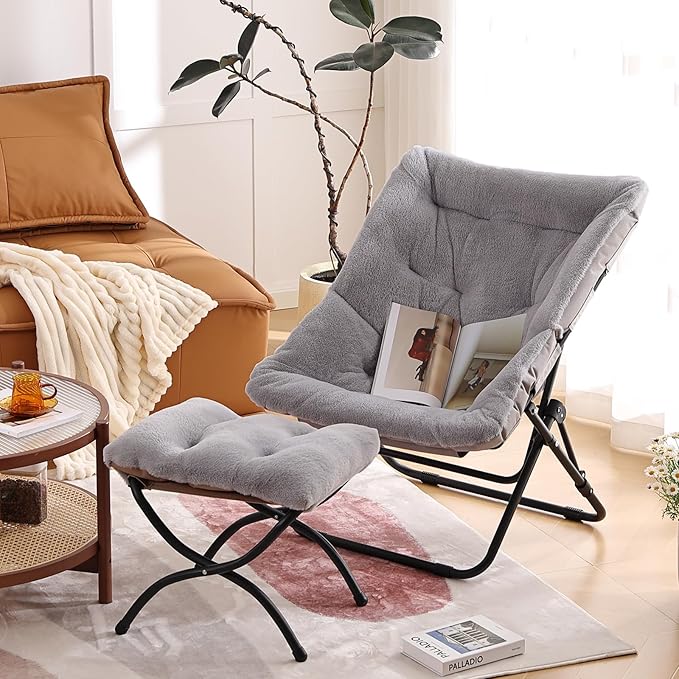 Comfy Folded Chair with Ottoman, Oversized Folding Faux Fur Chair Soft Furry - Image 8