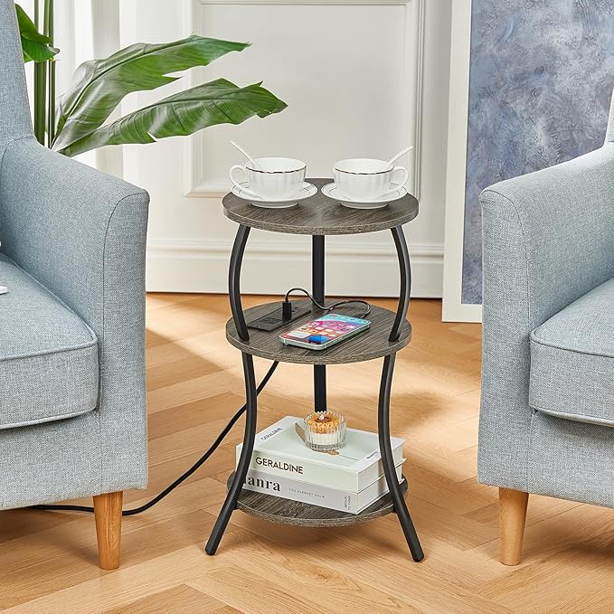 Small Round Side Table with Charging Station, 3-Tier Waist Circular End Table - Image 4