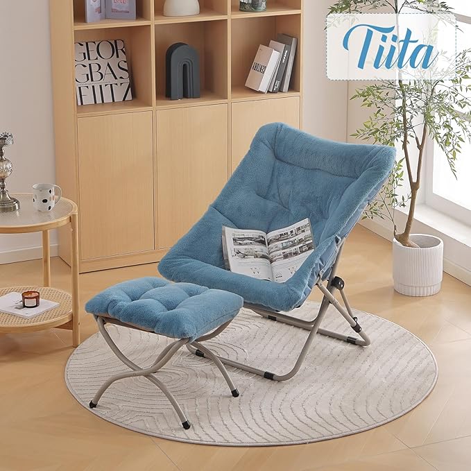 Tiita Folded Chair with Ottoman, Soft Faux Fur Oversized Folding Accent Chair - Image 6